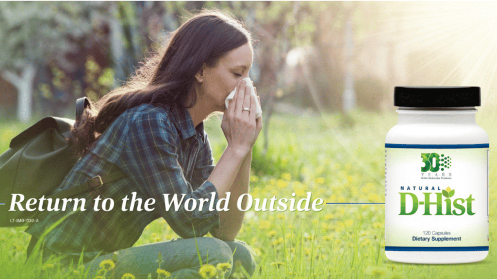 Woman blowing nose in a field advertising d-hist allergy relief supplement