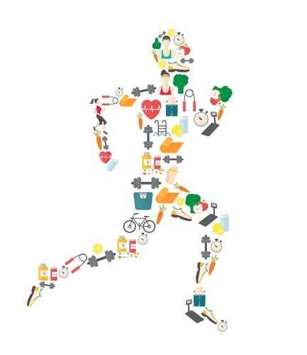 Running man silhouette filled with sport icons.