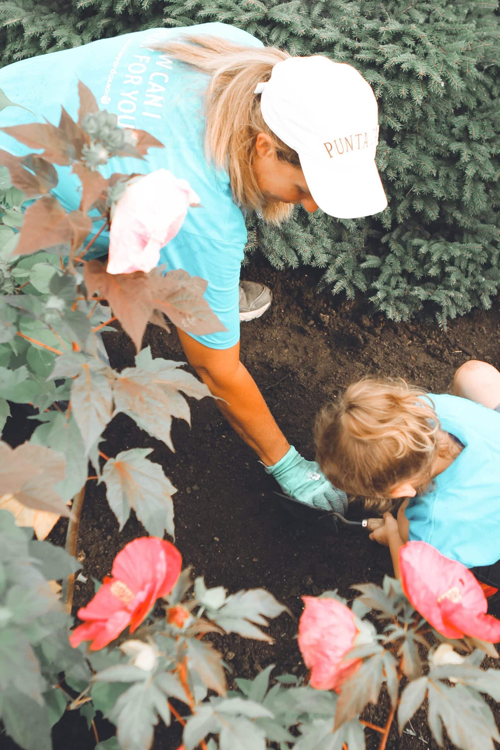 mom and child gardening